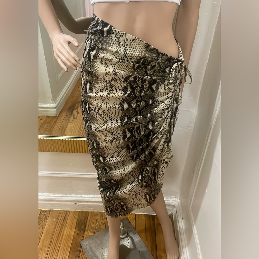 MABLE Brown Tan Asymmetrical Wrap Midi Skirt - Picture 7 of 12